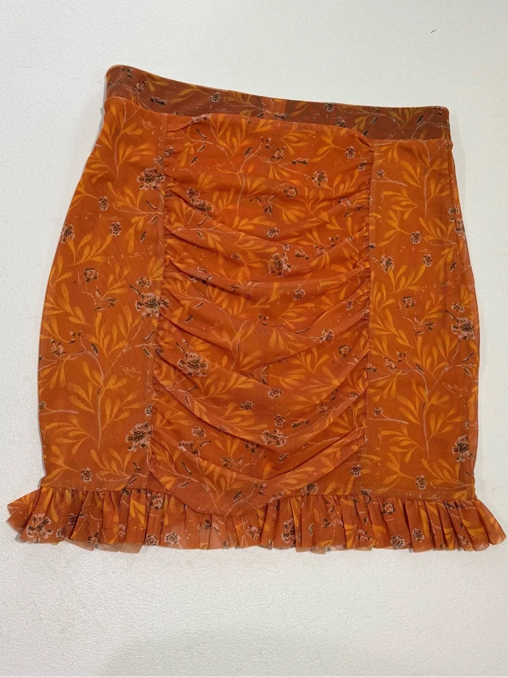 Free People Romi Mesh Ruffle Mini Skirt Orange Floral Ruched Size S